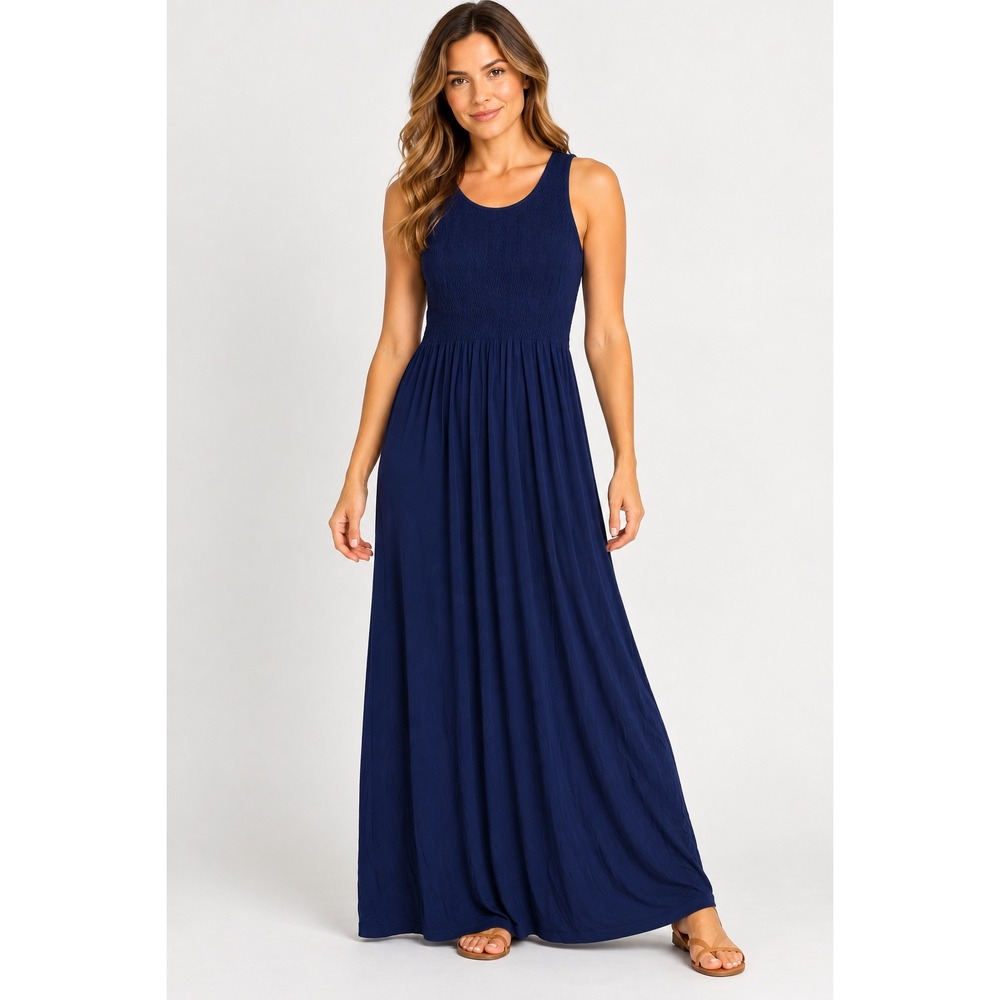 Lark + Grey Maxi Dress Women SM Navy Blue Smocked Bodice Sleeveless Pockets
